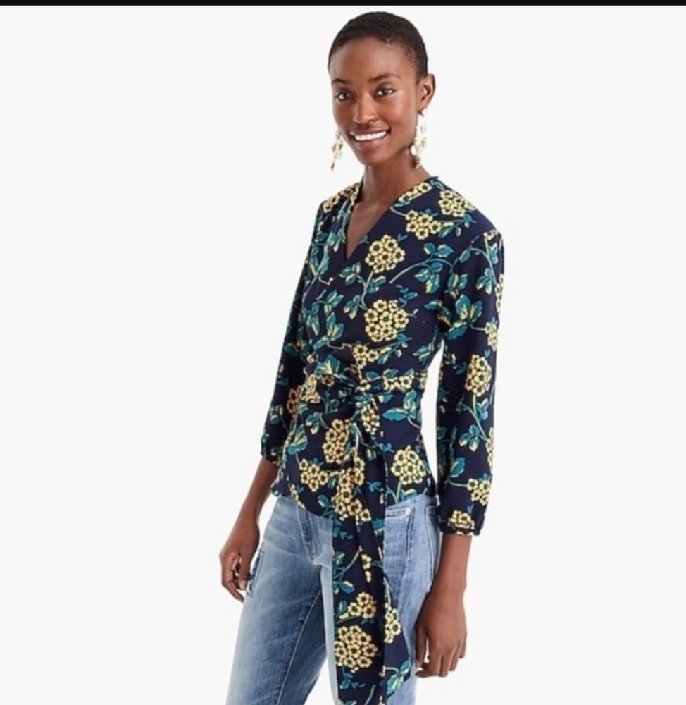 J. Crew Golden Floral Belted Wrap Top Size Small